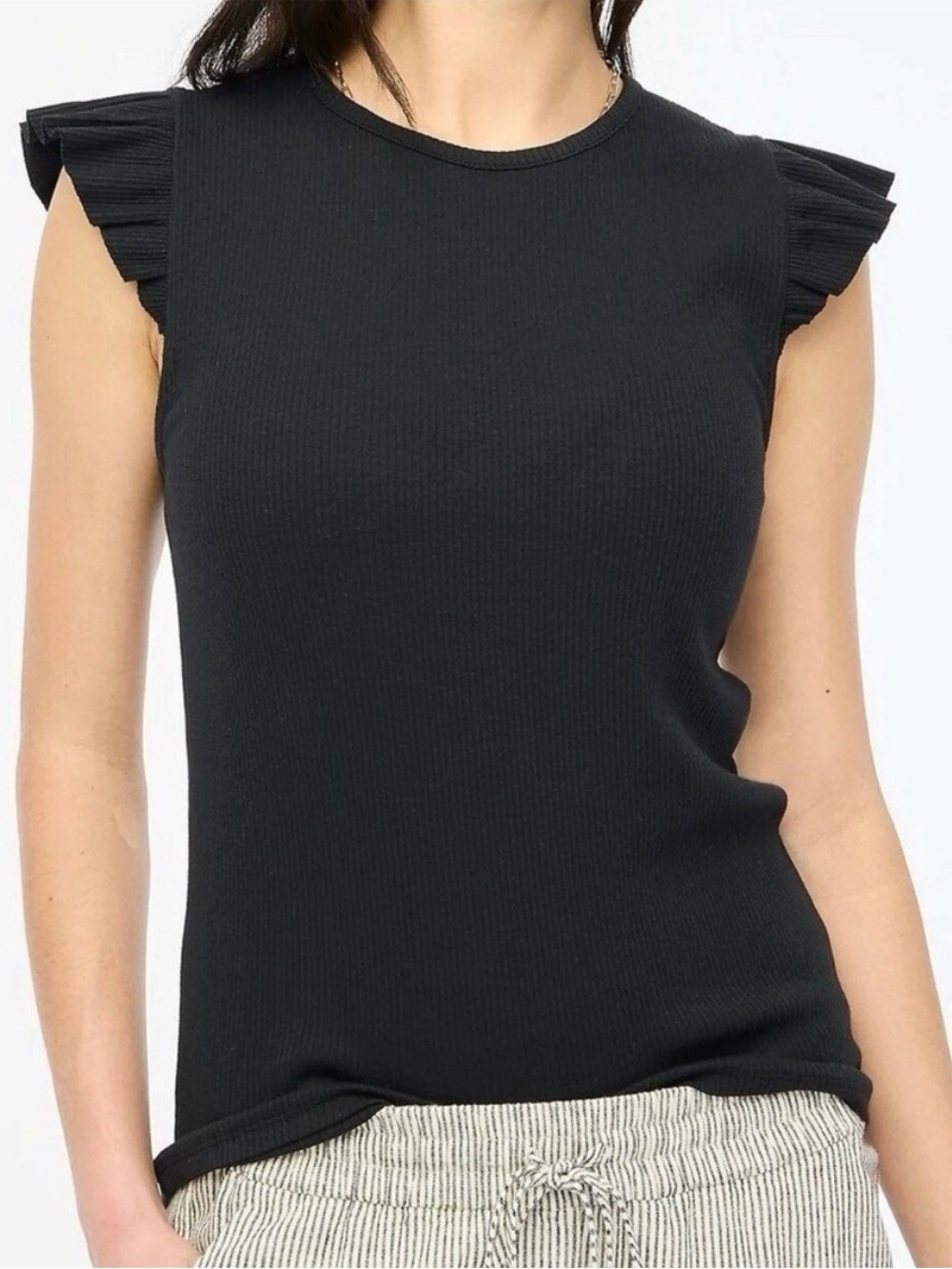 J. Crew Factory Ribbed Ruffle Sleeve Tank Top Crew Neck Black Size Small BW850